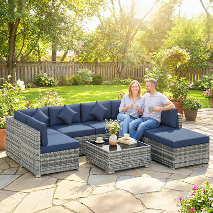 8 Pieces Patio Rattan Sofa Set, Garden Furniture Set Dark Blue