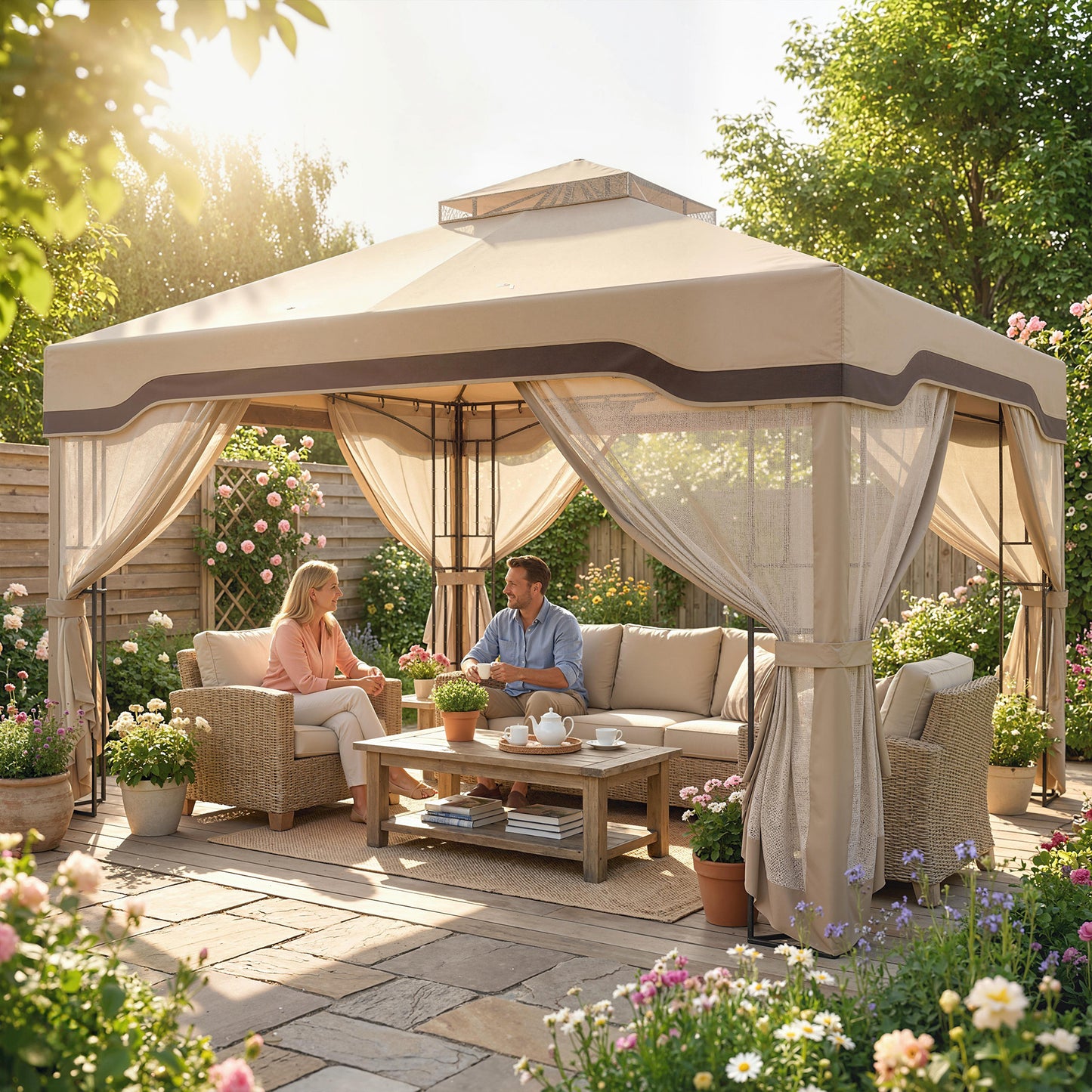 3 x 3.6 m Garden Gazebo with Shelves, UPF50+ Permanent Gazebo