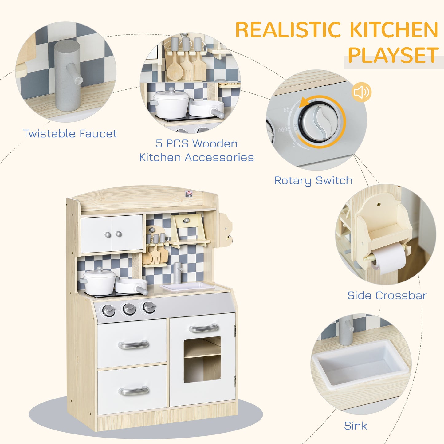 Kids Kitchen Playset Cook Toy Multi-Storage w/ Sink Pots for 3-6 Years