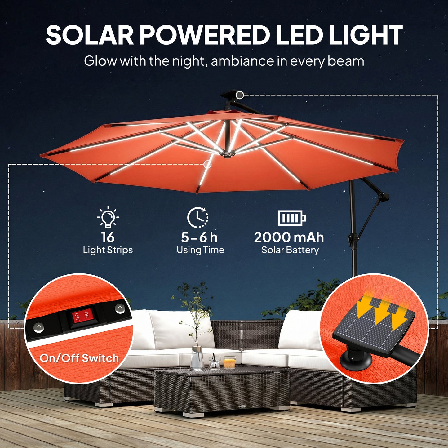 3 m Garden Cantilever Parasol with Solar Light, Rotation, Orange