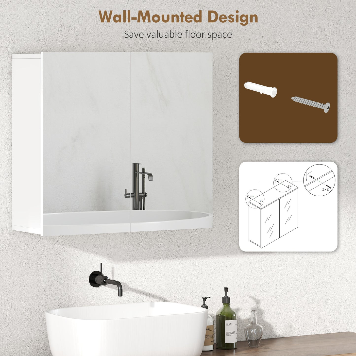 Bathroom Mirror Cabinet with 2 Doors and Adjustable Shelf, White