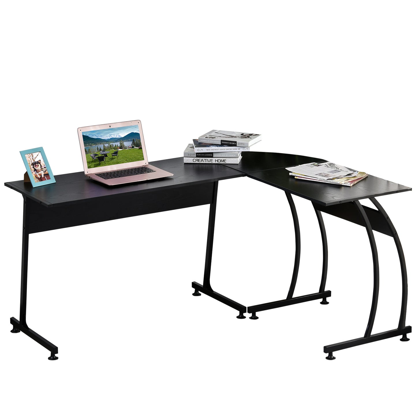 L Shape Computer Desk Corner Display Table Laptop Study Desk Minimalist Space Saving Wood Steel Gaming PC Workstation for Home Office Black