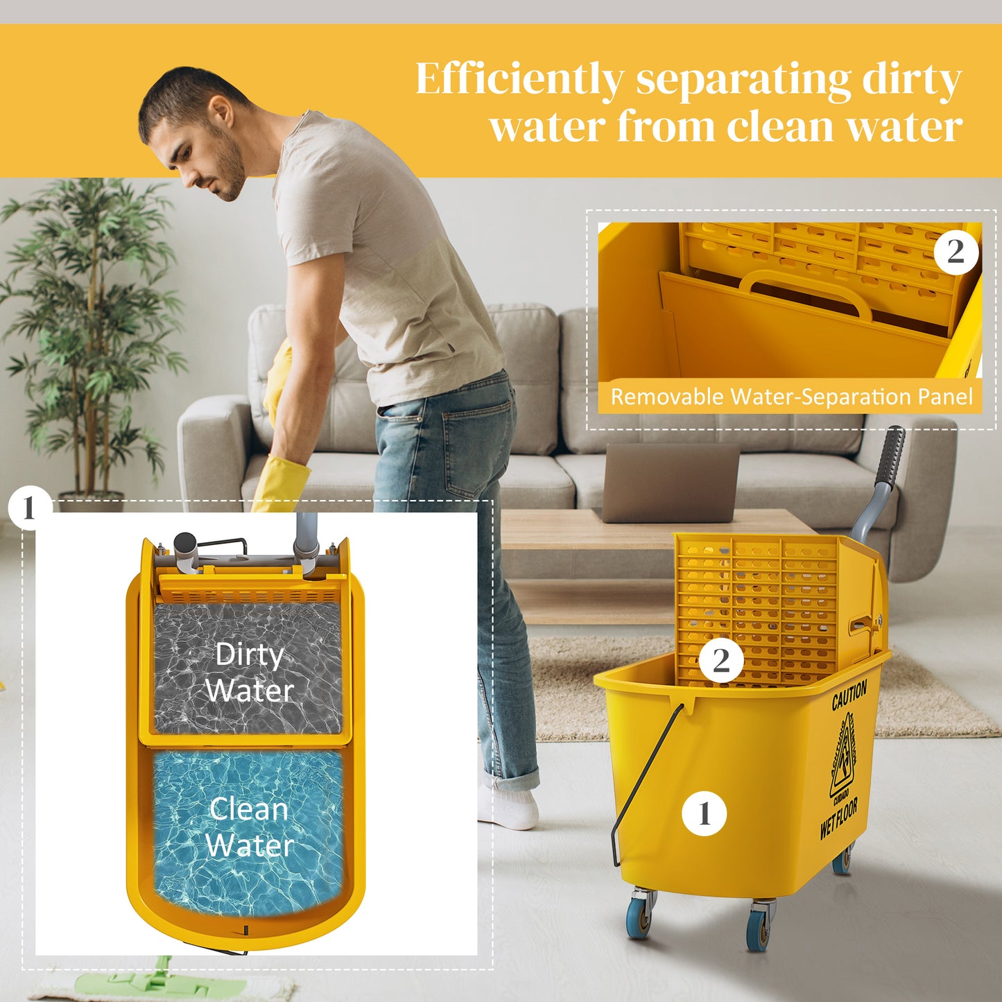 Mop Bucket with Wringer on Wheels for Floor Cleaning 20 Litre Yellow