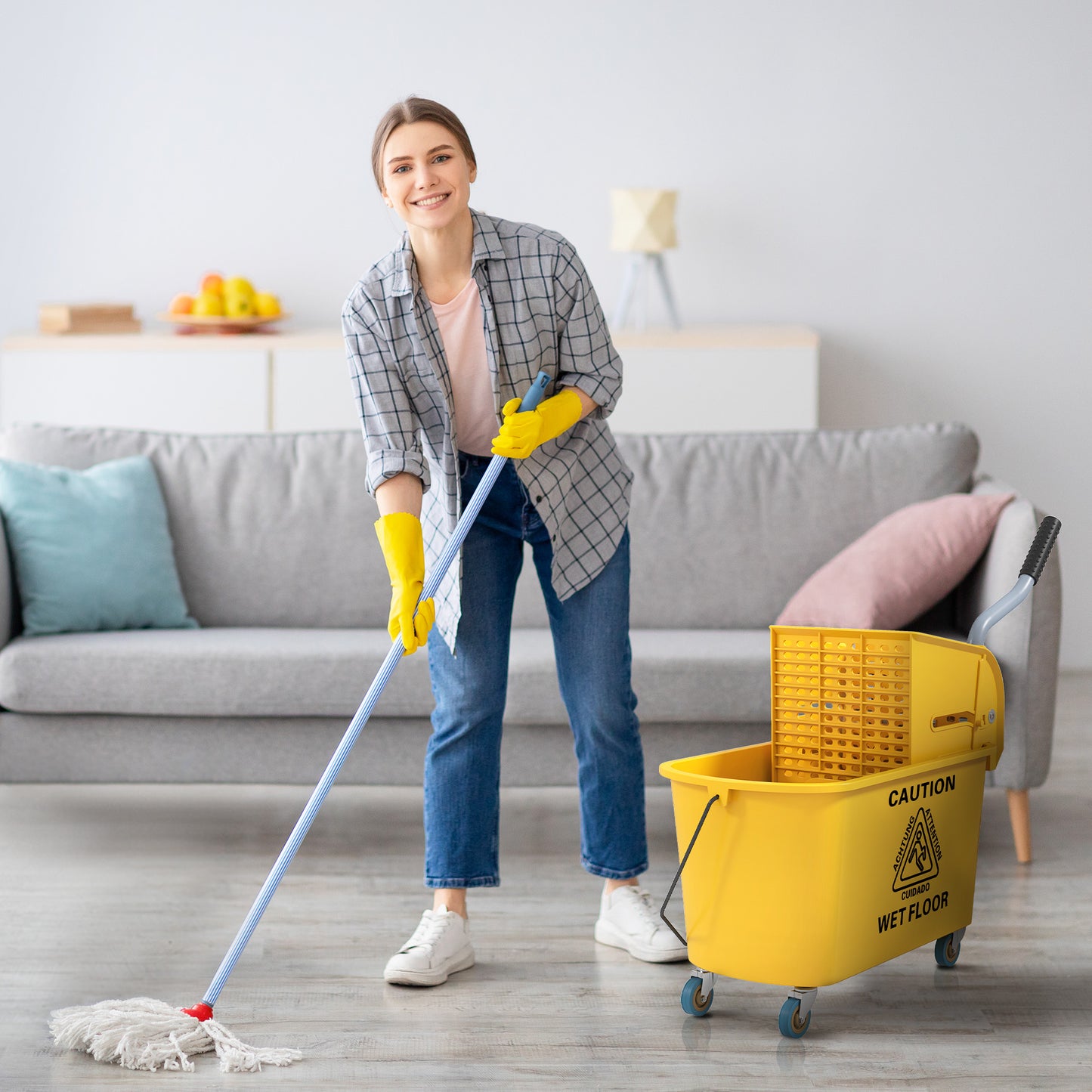 Mop Bucket with Wringer on Wheels for Floor Cleaning 20 Litre Yellow