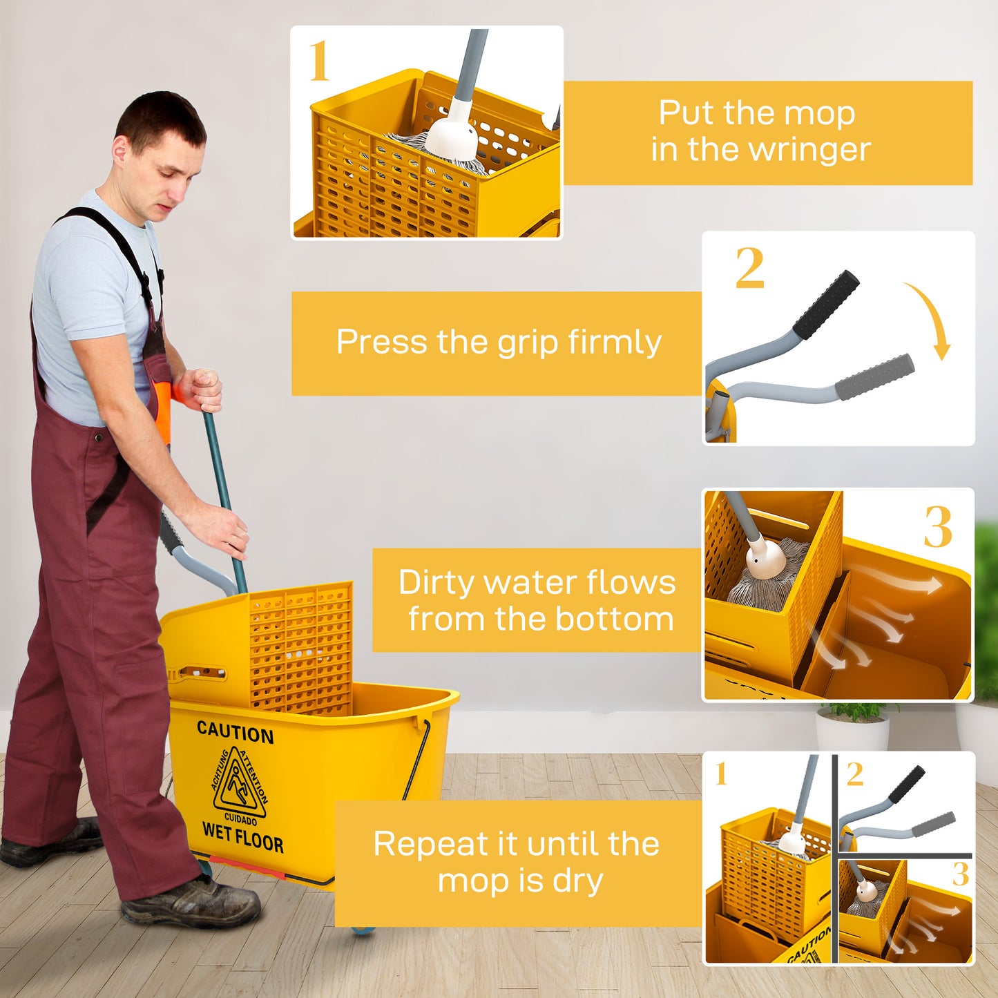 Mop Bucket with Wringer on Wheels for Floor Cleaning 20 Litre Yellow