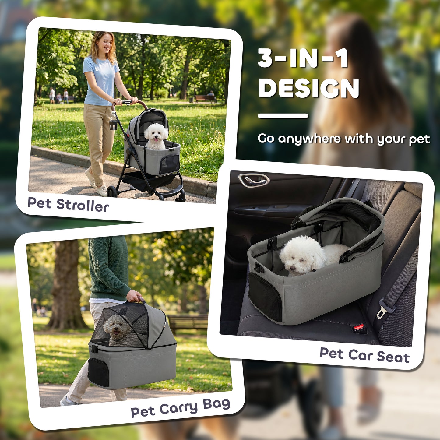 Dog Stroller, 3 in 1 Foldable Pet Stroller for Small Puppy Cat with Detachable Travel Carrier, 4 Wheels Dog Pram with Storage Basket, Seat Leashes, Mesh Window, Grey