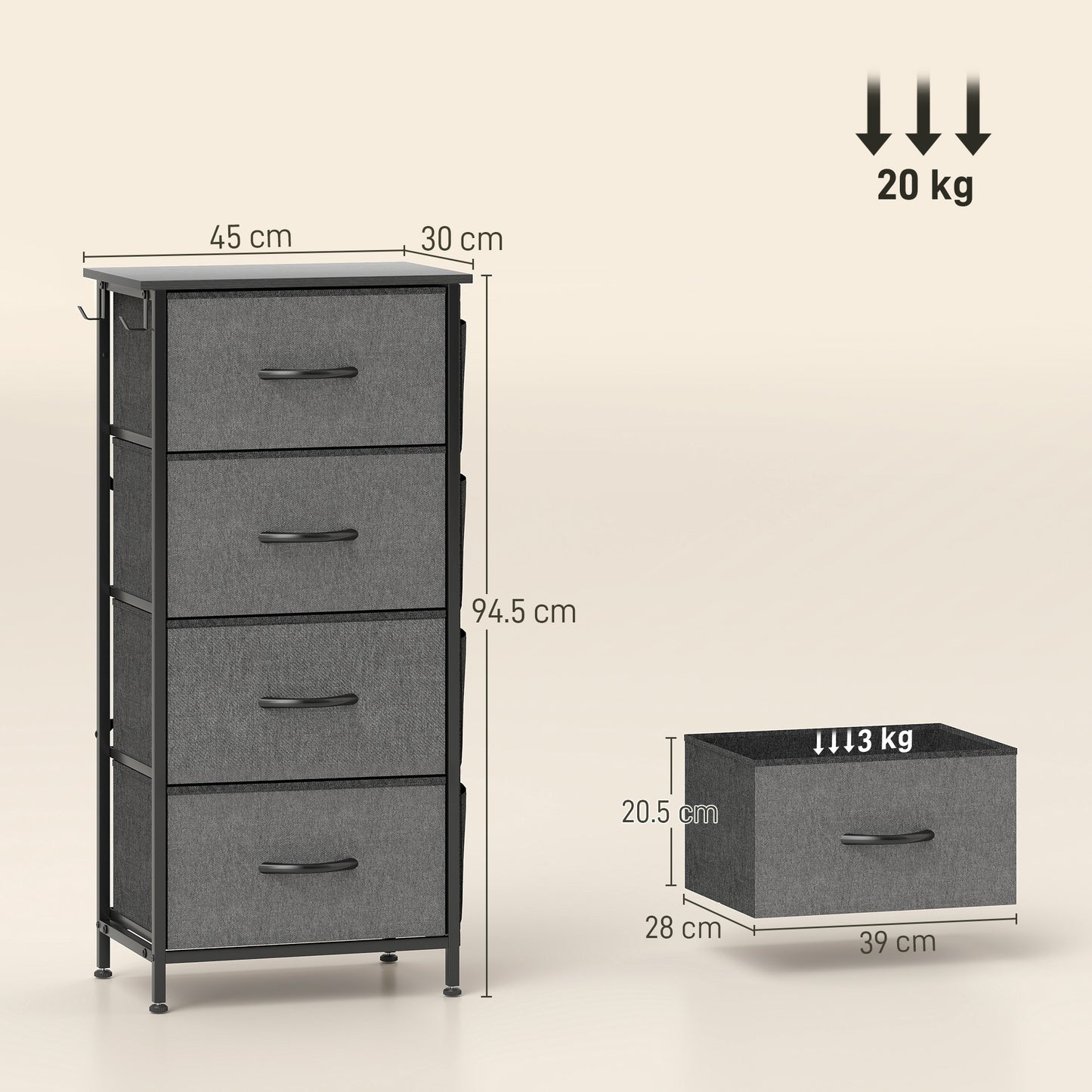 Fabric Chest of Drawers, 4 Drawer Dresser for Bedroom, Charcoal Grey