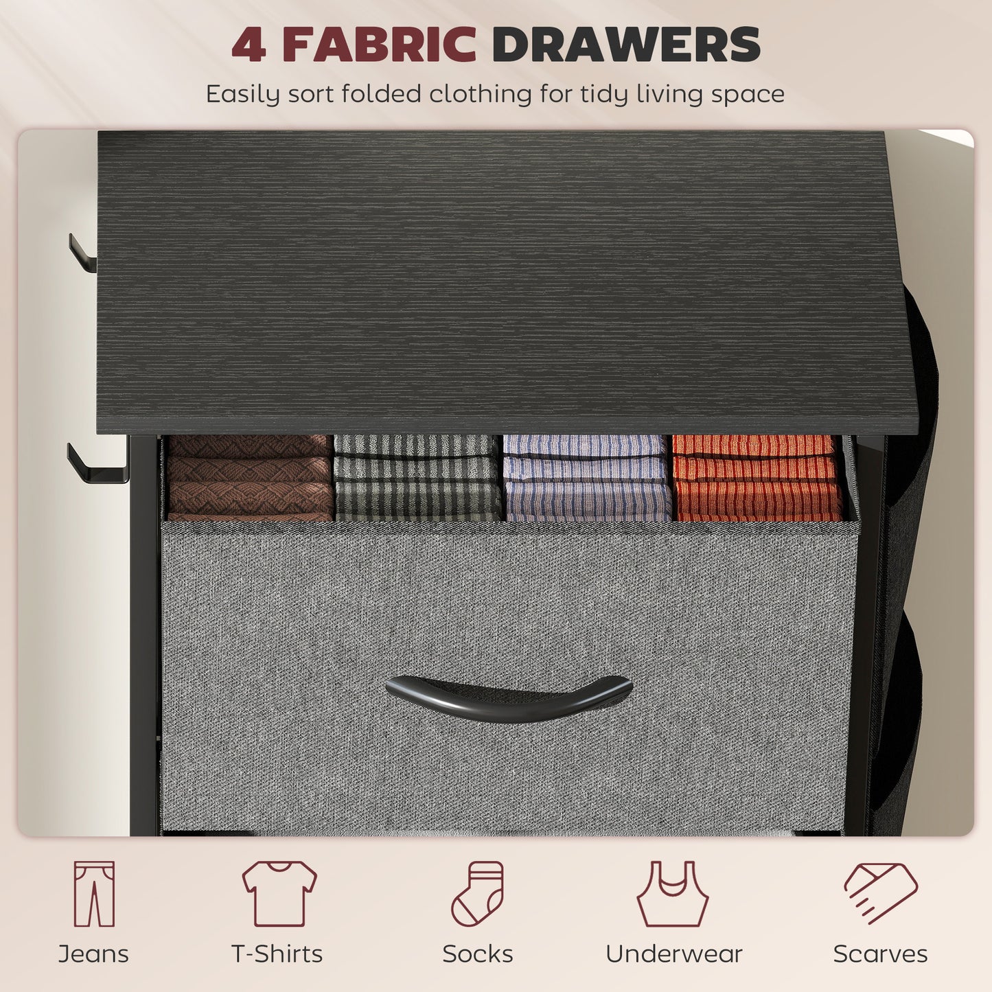 Fabric Chest of Drawers, 4 Drawer Dresser for Bedroom, Charcoal Grey