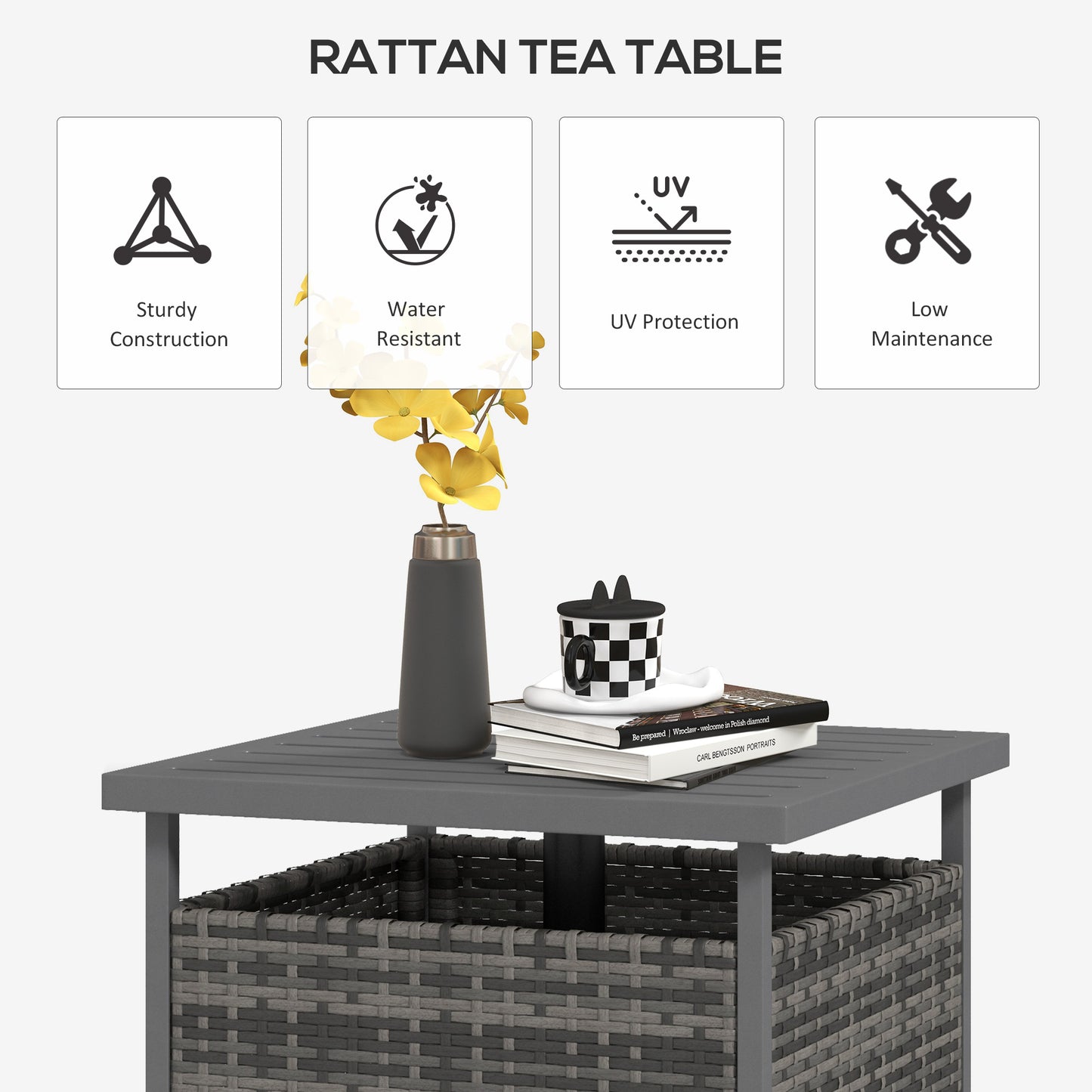 Outdoor Rattan Coffee Table w/ Umbrella Hole Fit for Garden