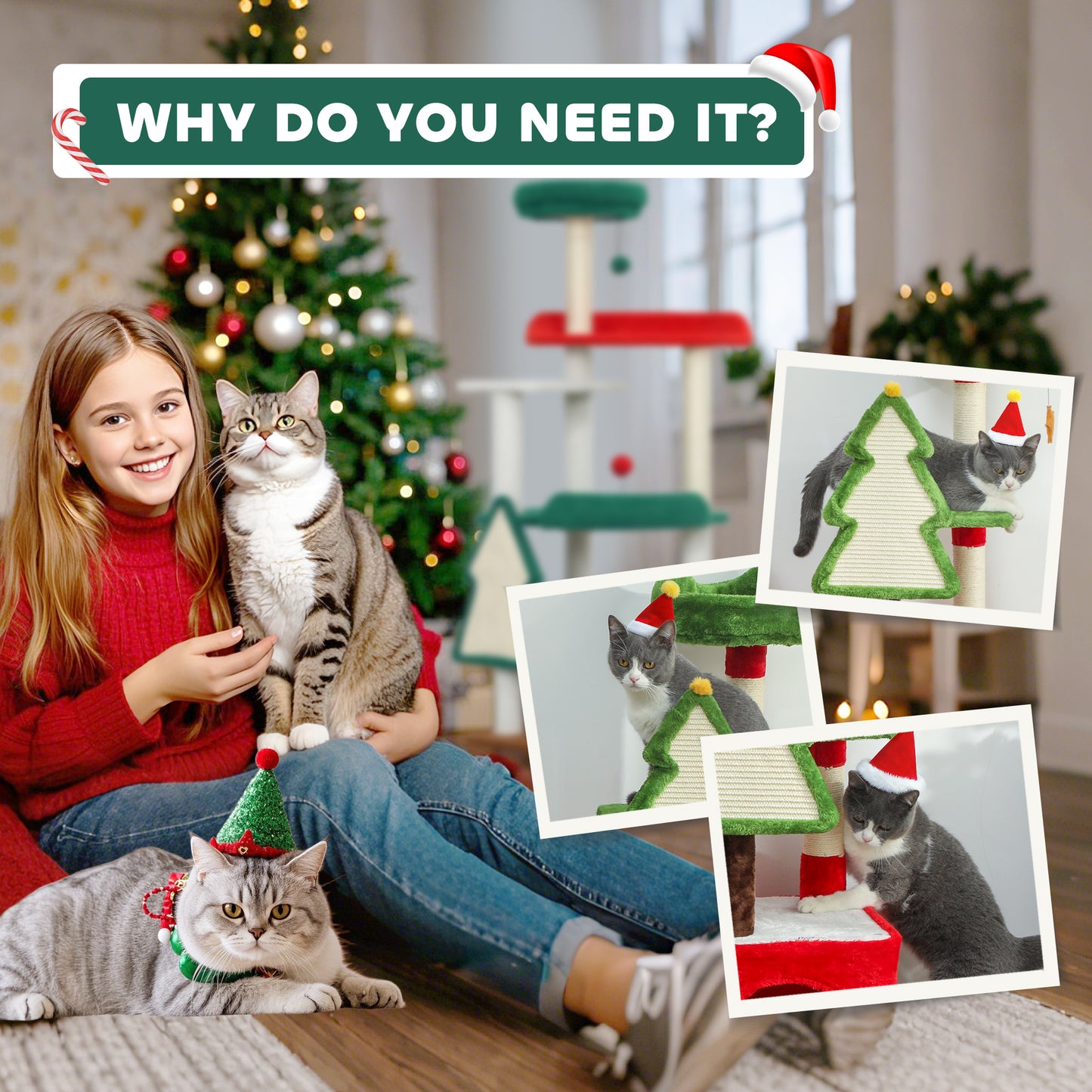 Christmas Cat Tree, 103cm Multilevel Cat Climbing Tower with Scratching Post and Board, Condo, Platform and Toys, Kitty Activity Centre for Indoor Kittens, Green