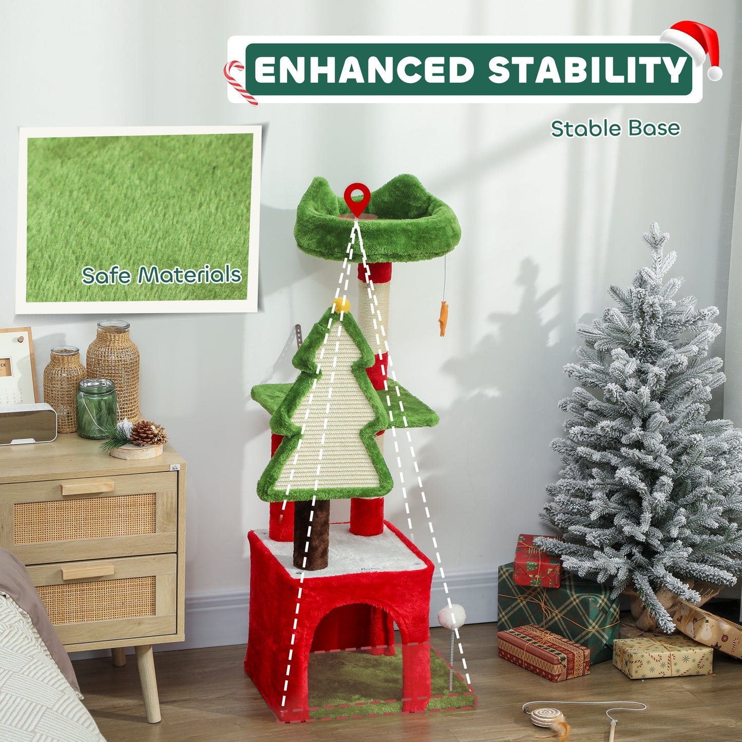 Christmas Cat Tree, 103cm Multilevel Cat Climbing Tower with Scratching Post and Board, Condo, Platform and Toys, Kitty Activity Centre for Indoor Kittens, Green