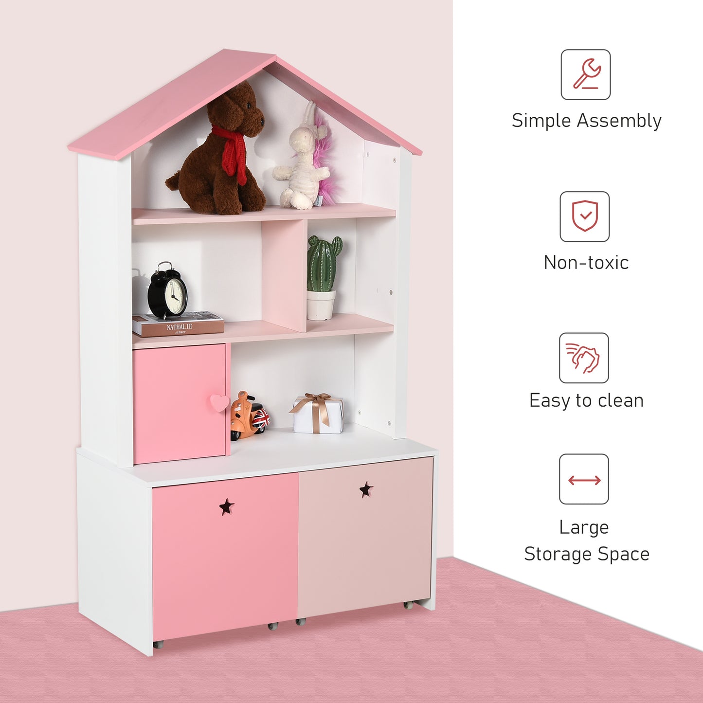 Kids Bookshelf Chest Drawer with Wheels Baby Toy Wood Organizer Pink