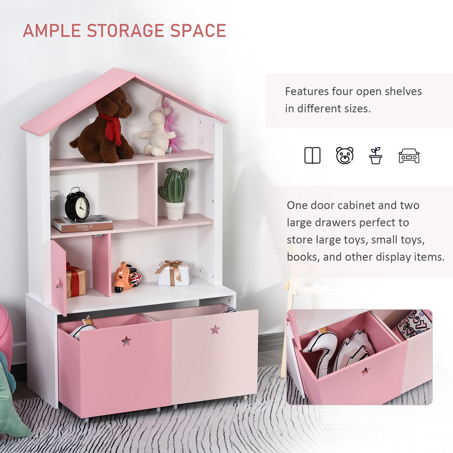 Kids Bookshelf Chest Drawer with Wheels Baby Toy Wood Organizer Pink