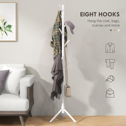Coat Rack Bamboo Coat Stand with 8 Hooks for Handbags, White