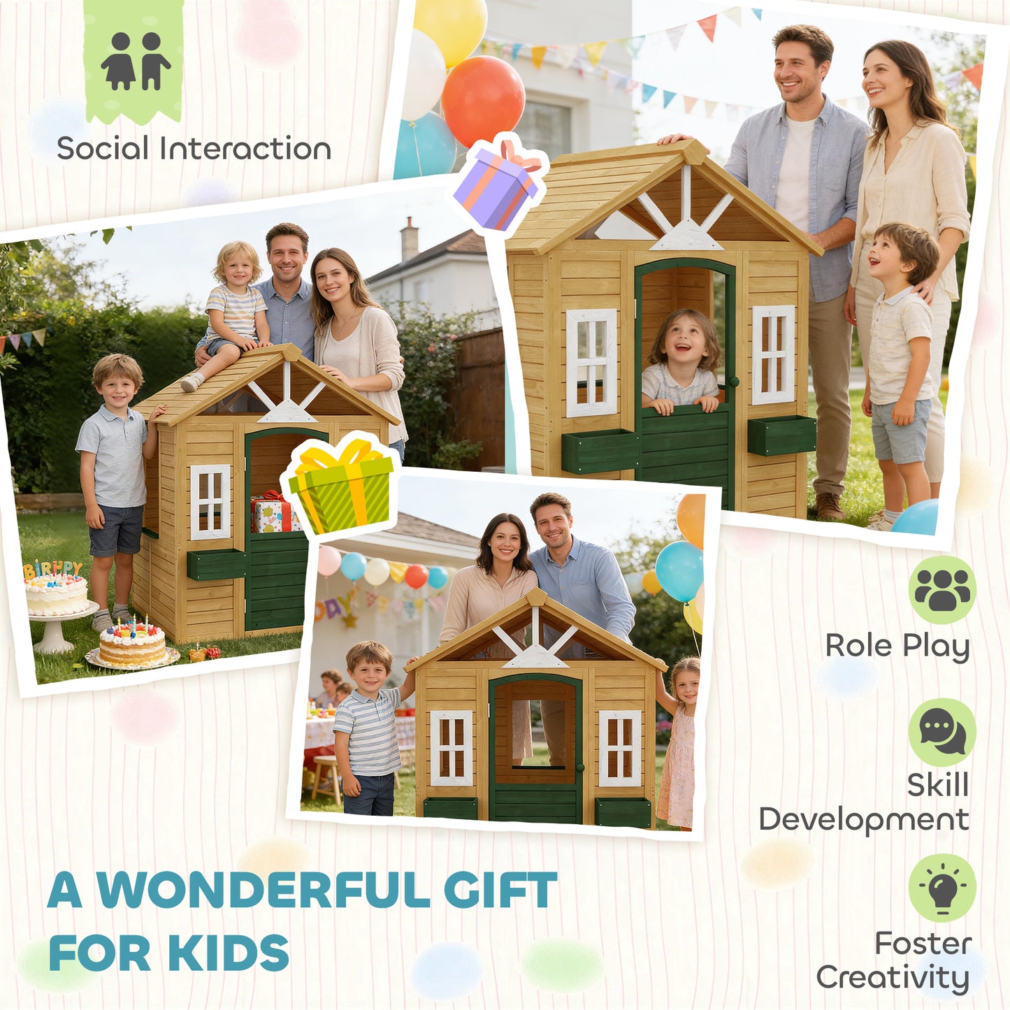 Outdoor Playhouse, Wooden Wendy House with Door, 2 Flower Boxes