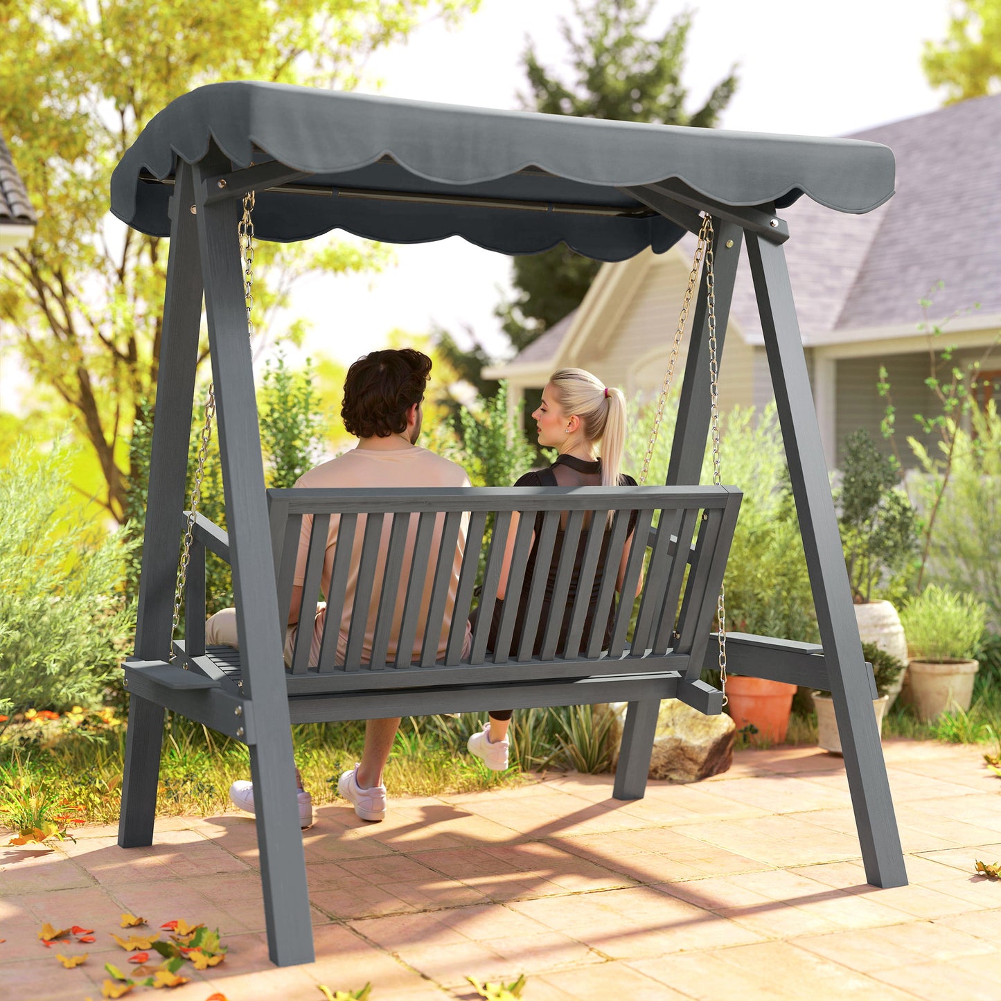 2 Seater Garden Swing Seat with Canopy, Outdoor Hammock Bench, Grey