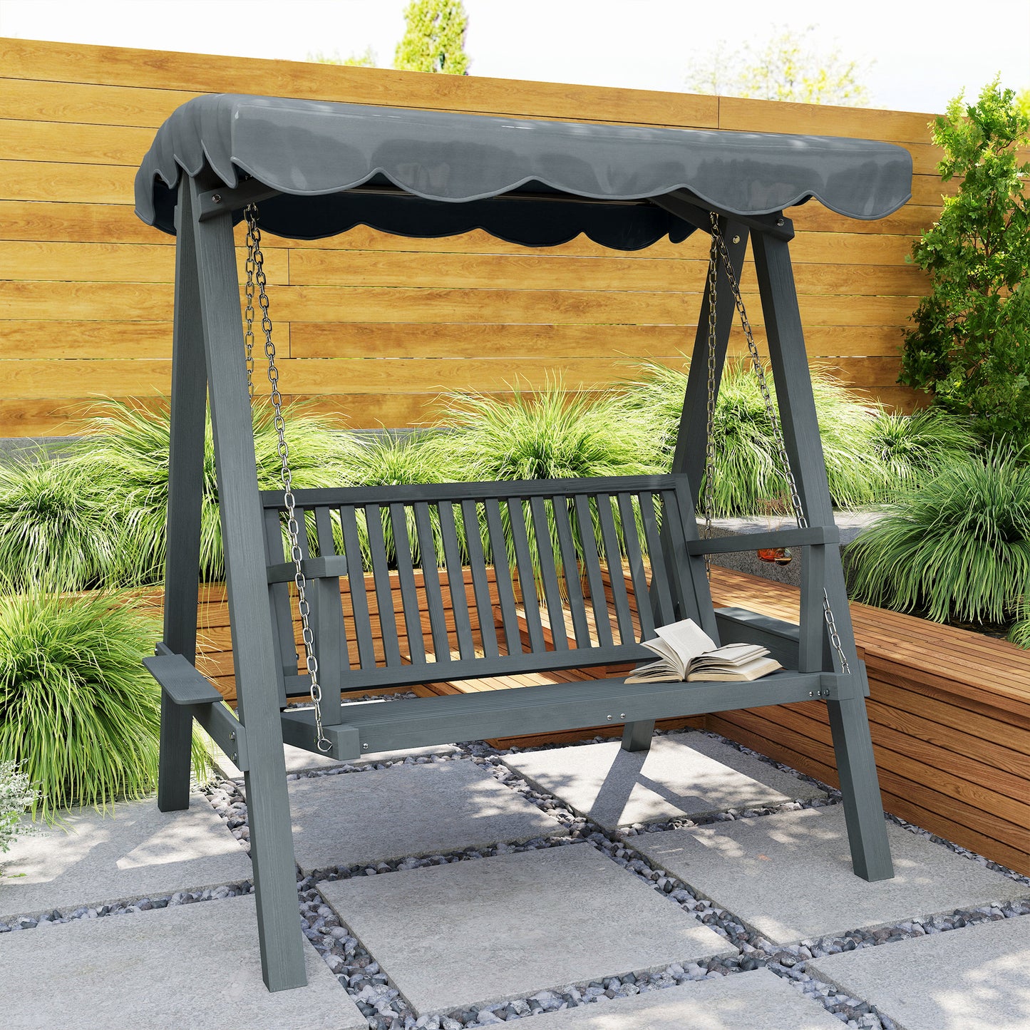 2 Seater Garden Swing Seat with Canopy, Outdoor Hammock Bench, Grey