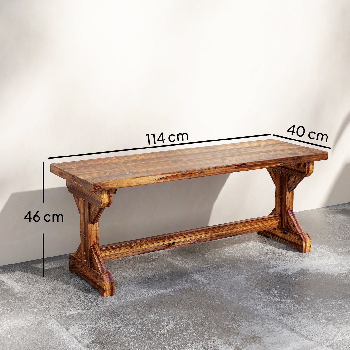 Wooden Garden Bench, Rustic Backless Outdoor Loveseat, Carbonised