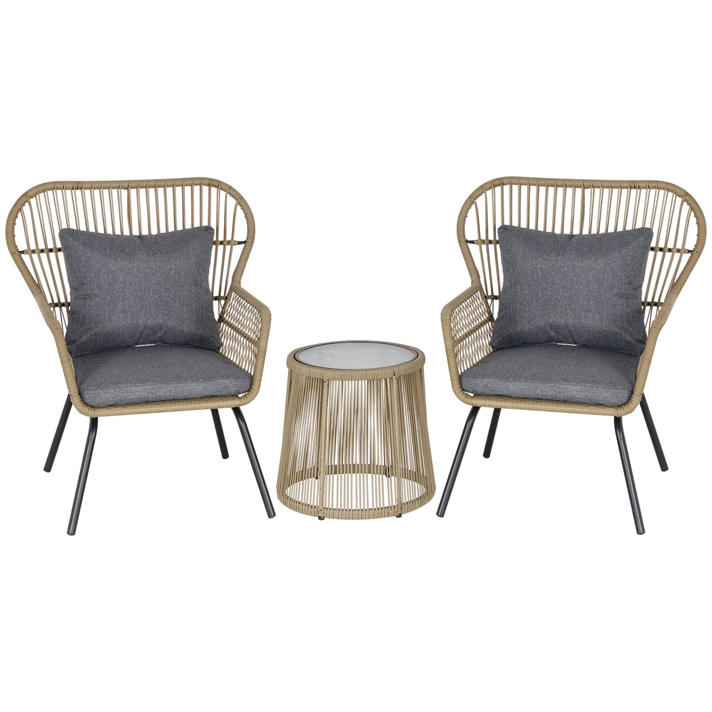 3 PCS Webbed PE Rattan Outdoor Patio Set w/ Cushions Steel Frame Brown