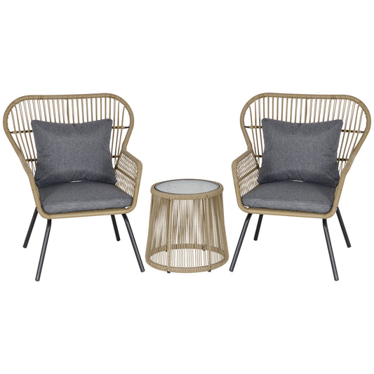 3 PCS Webbed PE Rattan Outdoor Patio Set w/ Cushions Steel Frame Brown