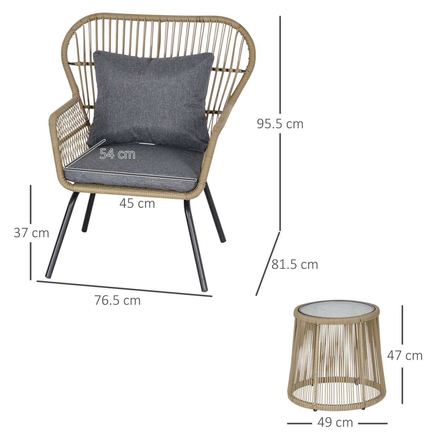 3 PCS Webbed PE Rattan Outdoor Patio Set w/ Cushions Steel Frame Brown