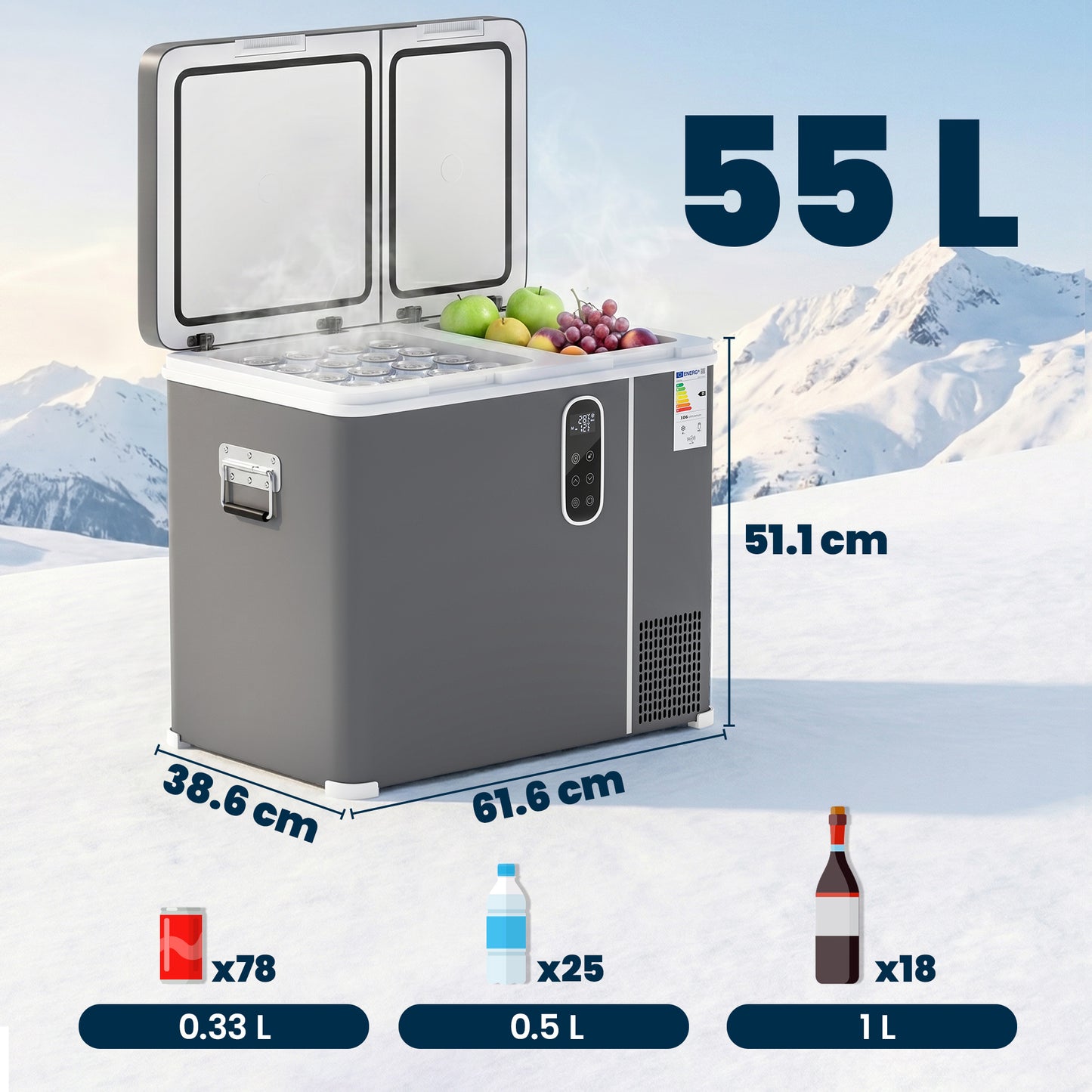 55L Compressor Car Fridge Freezer, Dual Zone Camping Refrigerator with App Control, 12/24V DC and 100-240V AC, Portable Electric Cool Box with Foldable Handle, Truck, Campervan, RV, Boat