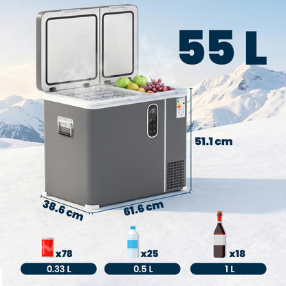 55L Compressor Car Fridge Freezer, Dual Zone Camping Refrigerator with App Control, 12/24V DC and 100-240V AC, Portable Electric Cool Box with Foldable Handle, Truck, Campervan, RV, Boat