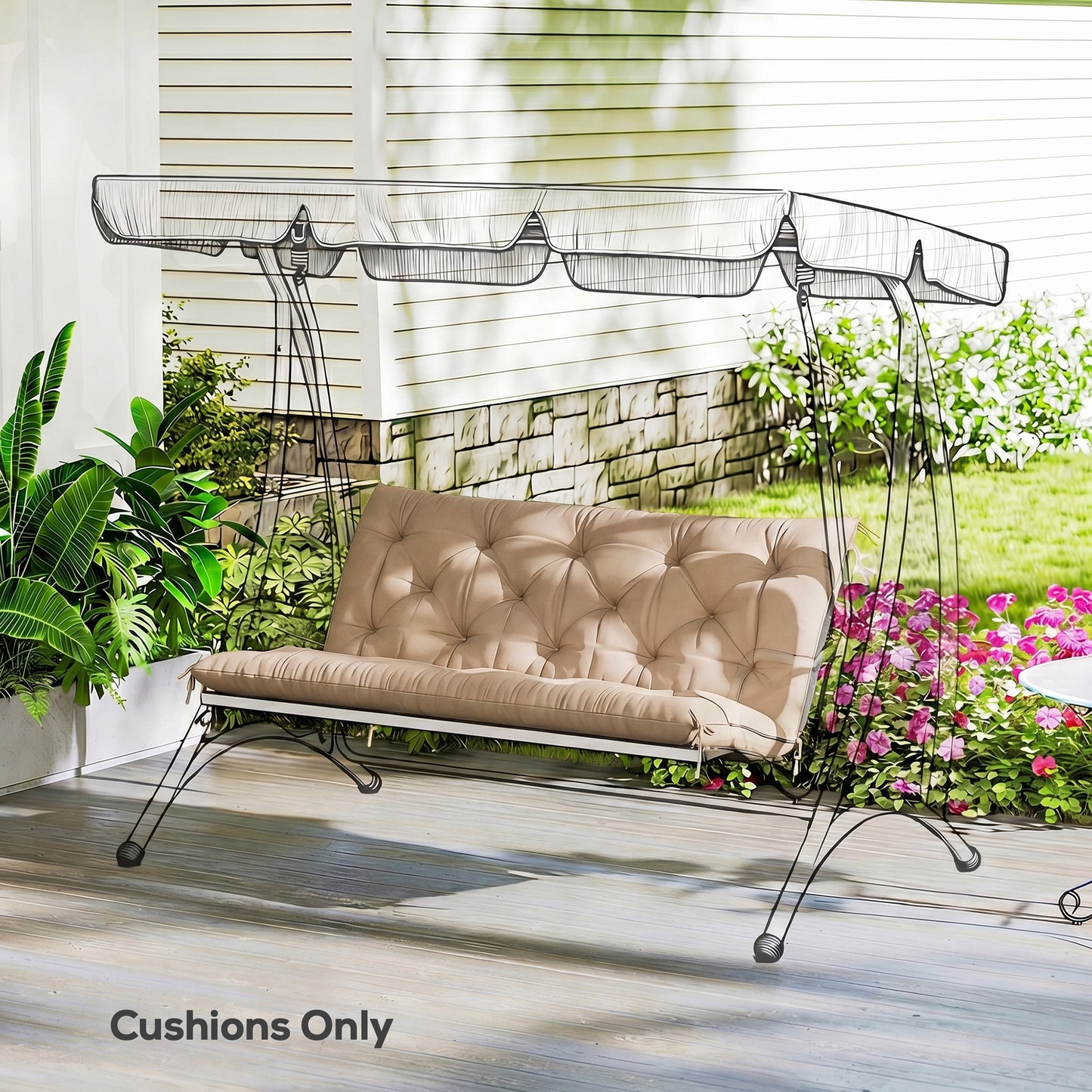 Garden Bench Cushion, Seat Pad with Ties, Khaki