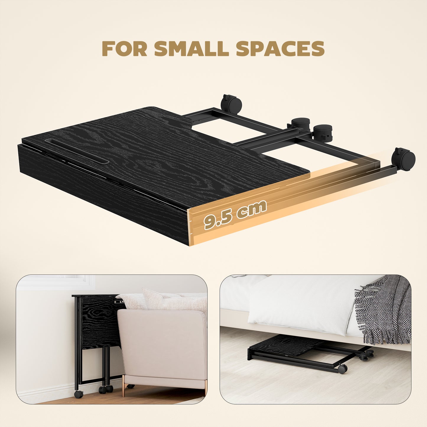 Small Writing Desk with Wheels, Folding Study Table, Black