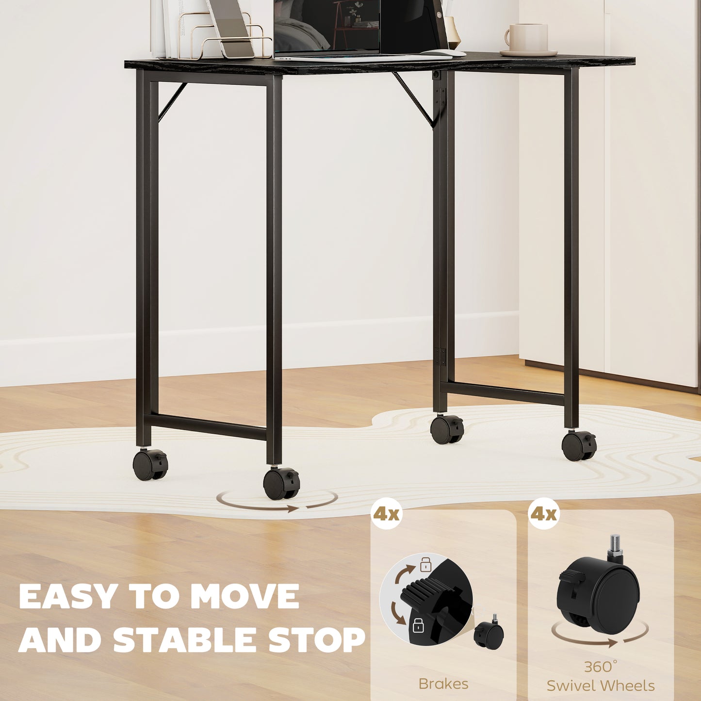 Small Writing Desk with Wheels, Folding Study Table, Black