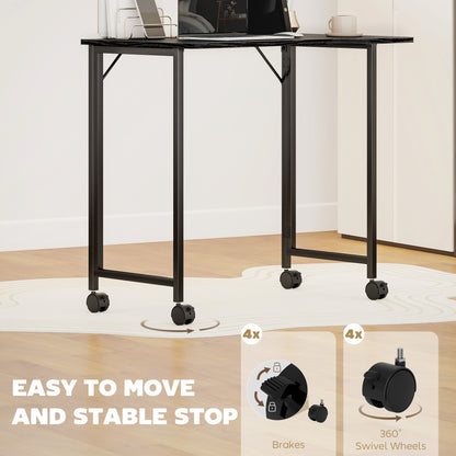 Small Writing Desk with Wheels, Folding Study Table, Black