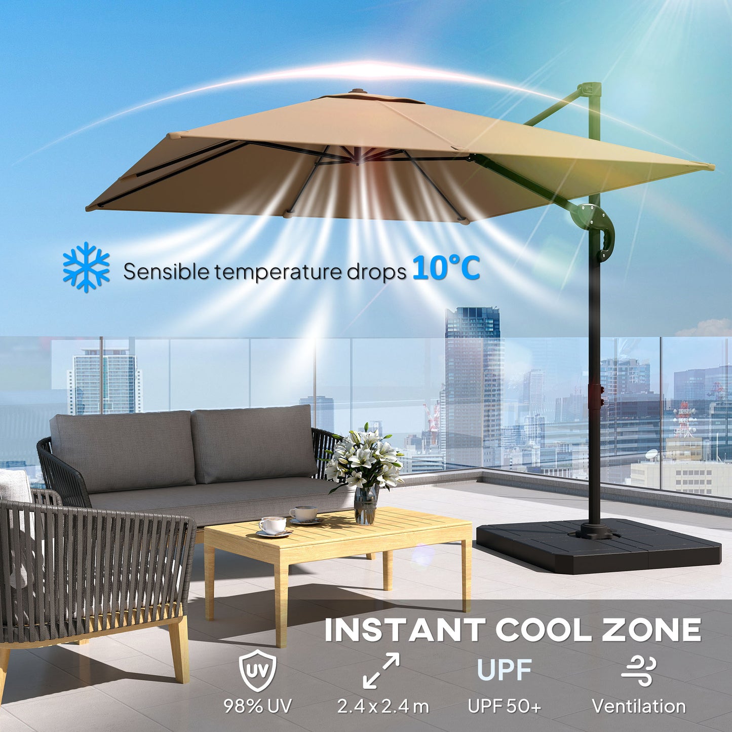 2.4 x 2.4 m Cantilever Parasol w/ Umbrella Weights, Khaki