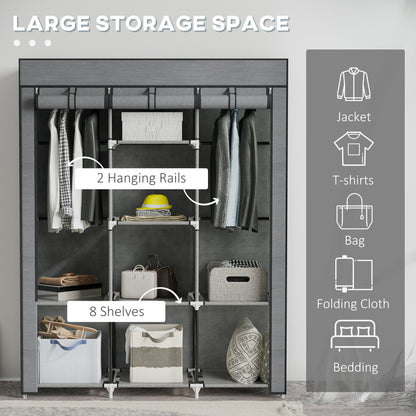 Fabric Portable Wardrobe with 8 Shelves 2 Hanging Rails, Grey