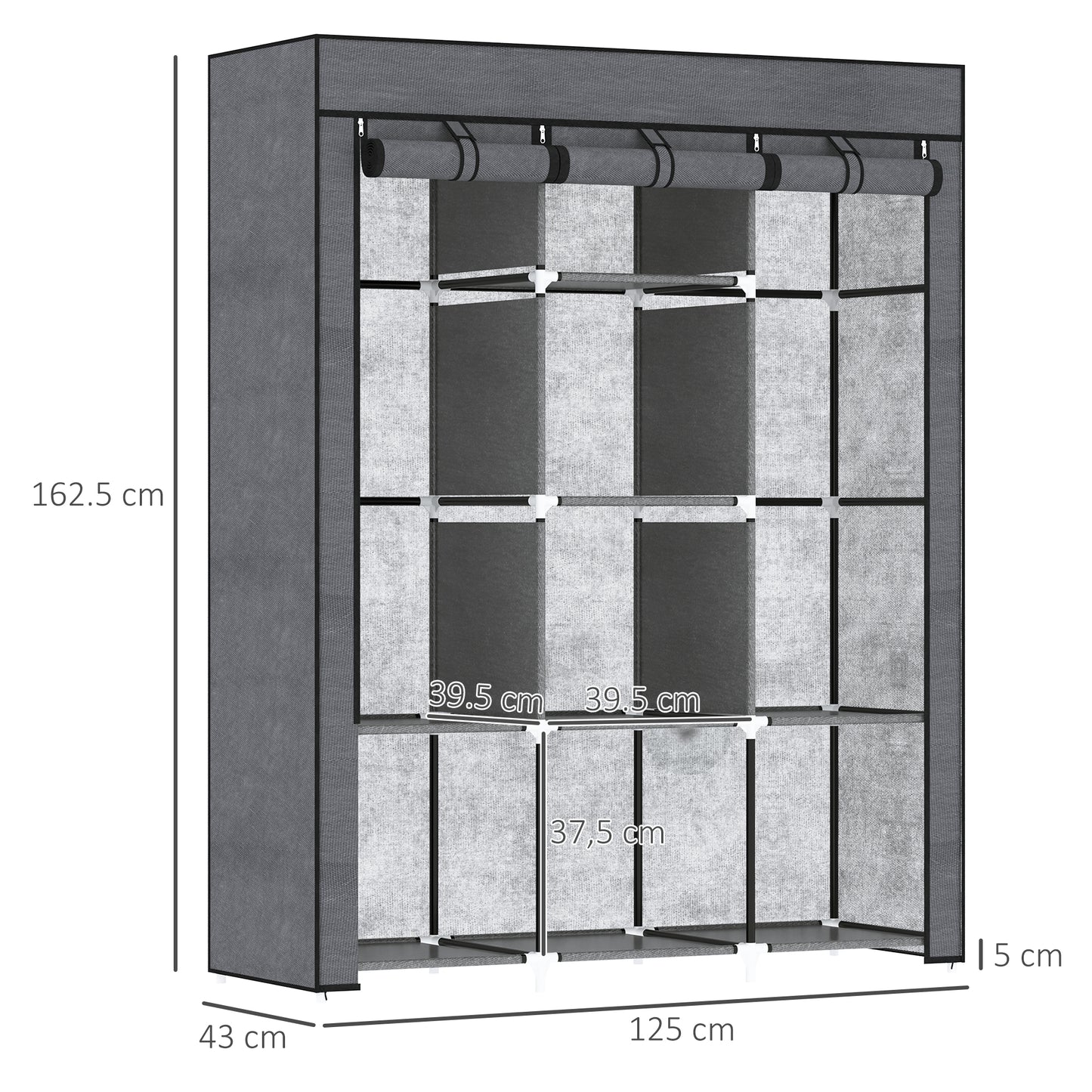 Fabric Portable Wardrobe with 8 Shelves 2 Hanging Rails, Grey