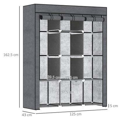 Fabric Portable Wardrobe with 8 Shelves 2 Hanging Rails, Grey