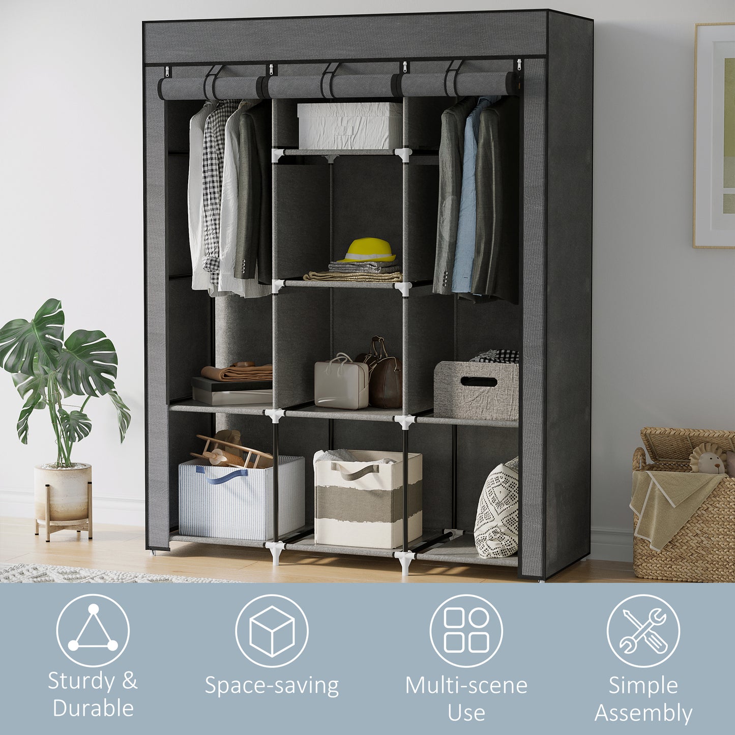 Fabric Portable Wardrobe with 8 Shelves 2 Hanging Rails, Grey