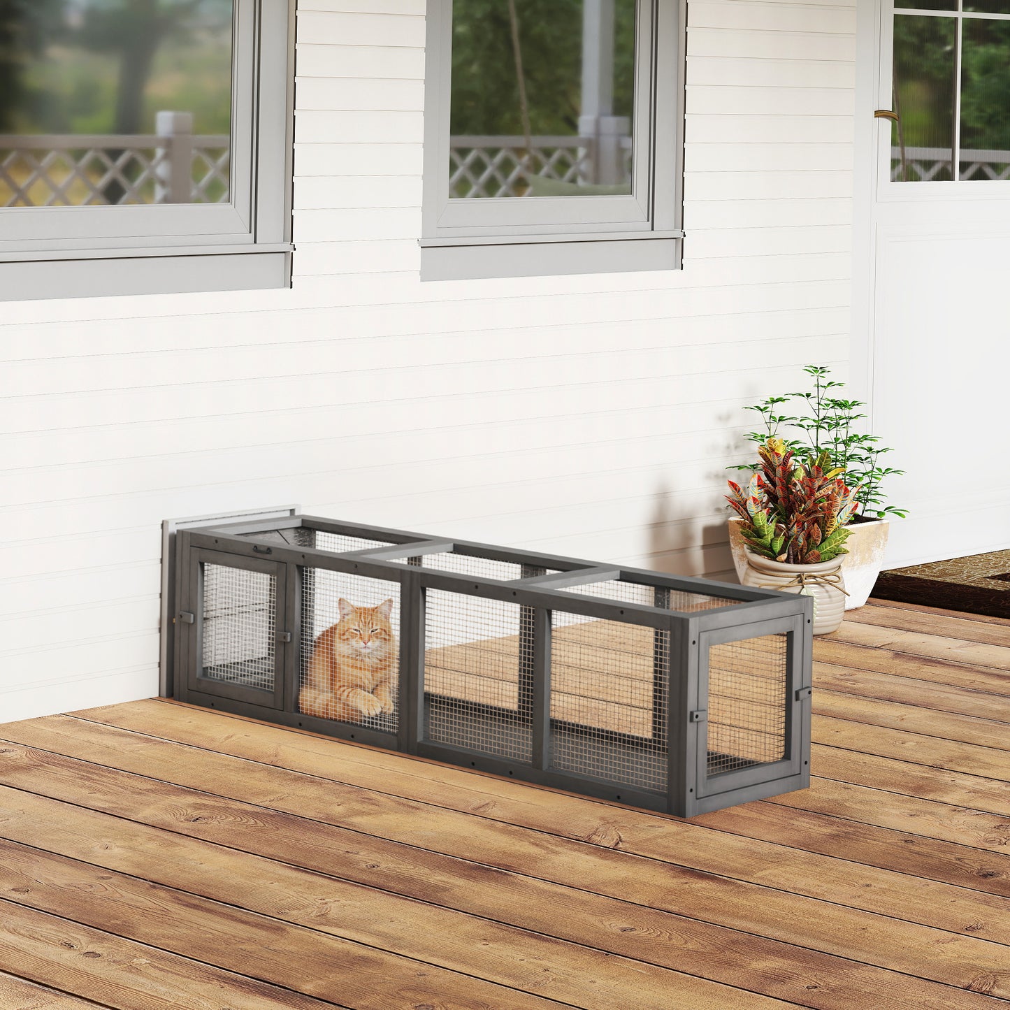 Outdoor Cat Tunnel, Wooden Extendable Pet Run, for Kitty, Puppy, Grey