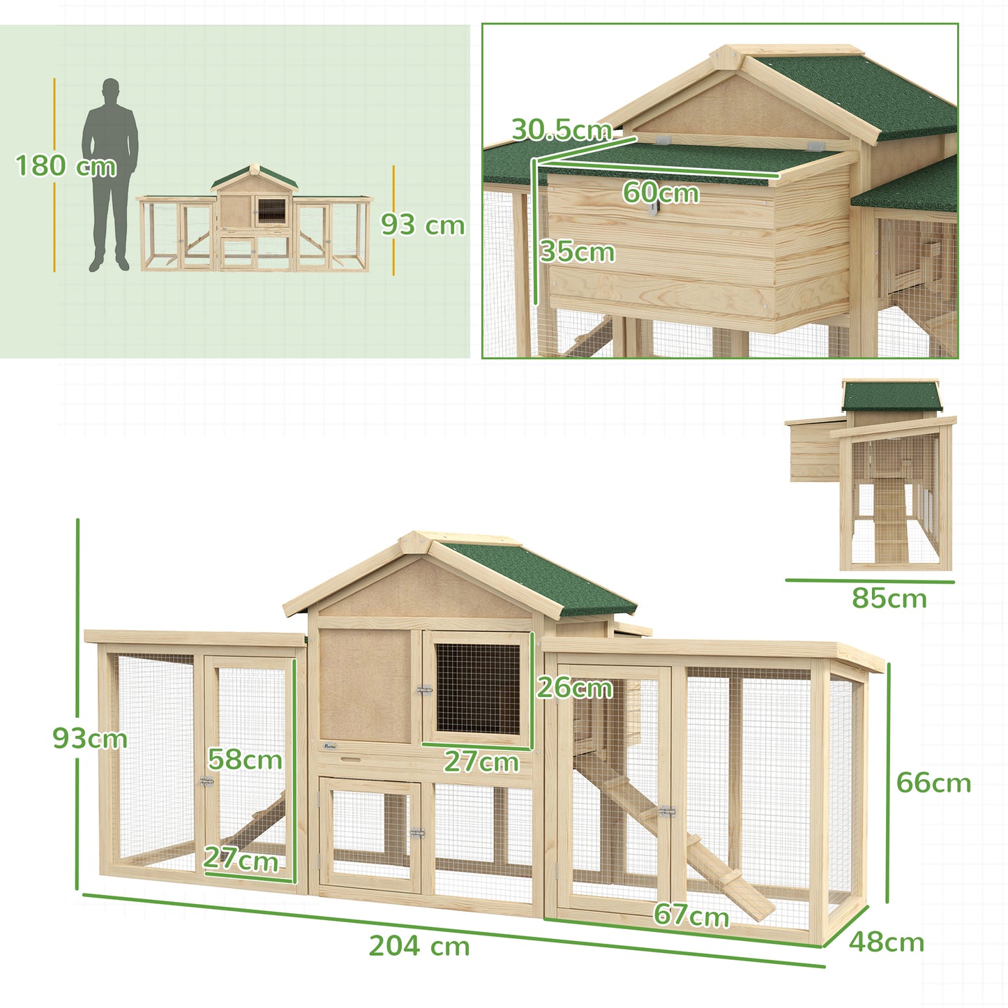 Wood Chicken Coop Hens Cage Poultry House with Nesting Boxes Run