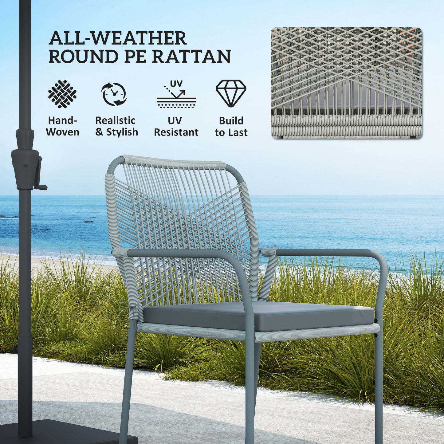 5 Piece PE Rattan Garden Dining Set with Cushions, Light Grey