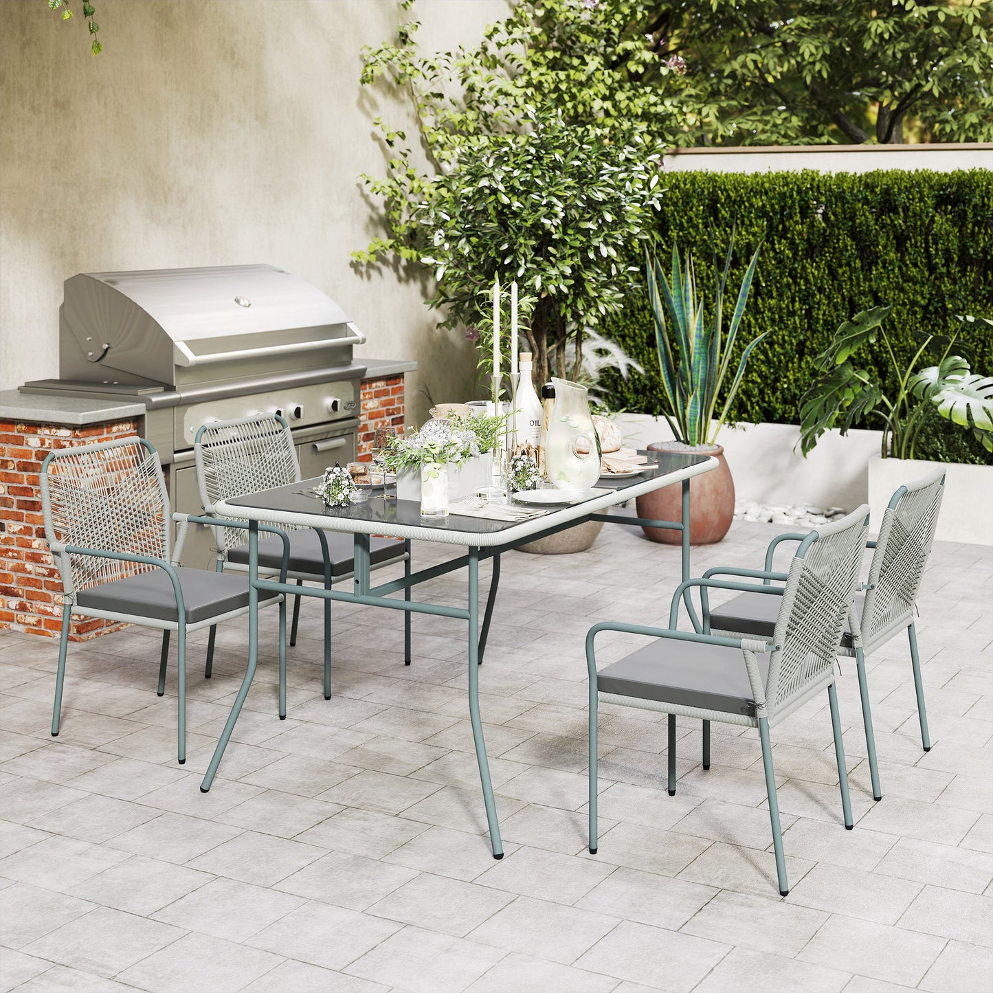 5 Piece PE Rattan Garden Dining Set with Cushions, Light Grey
