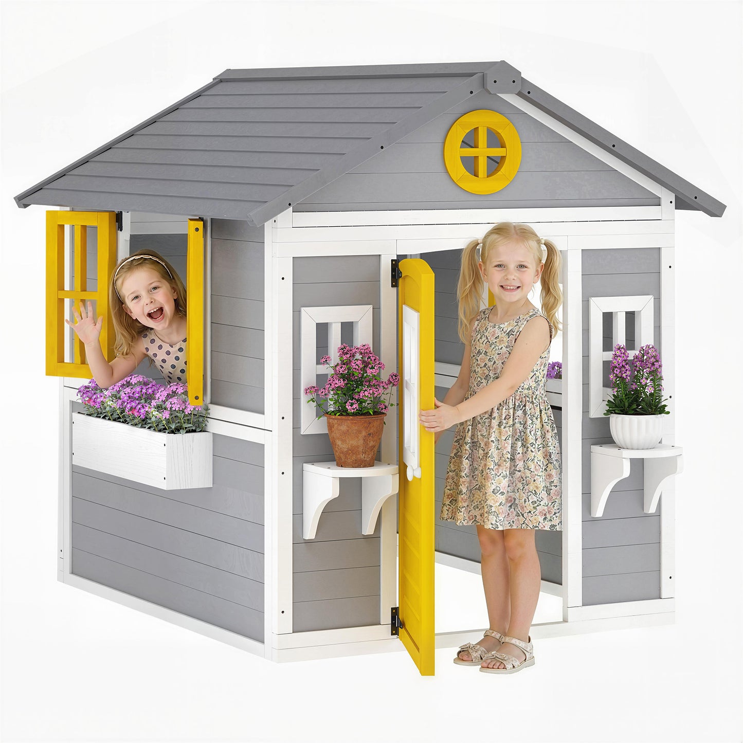 Wooden Playhouse for Kids Outdoor Wendy House with Doors, Windows, Plant Pots, Boxes, for 3-8 Years - Grey