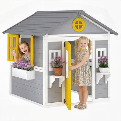 Wooden Playhouse for Kids Outdoor Wendy House with Doors, Windows, Plant Pots, Boxes, for 3-8 Years - Grey