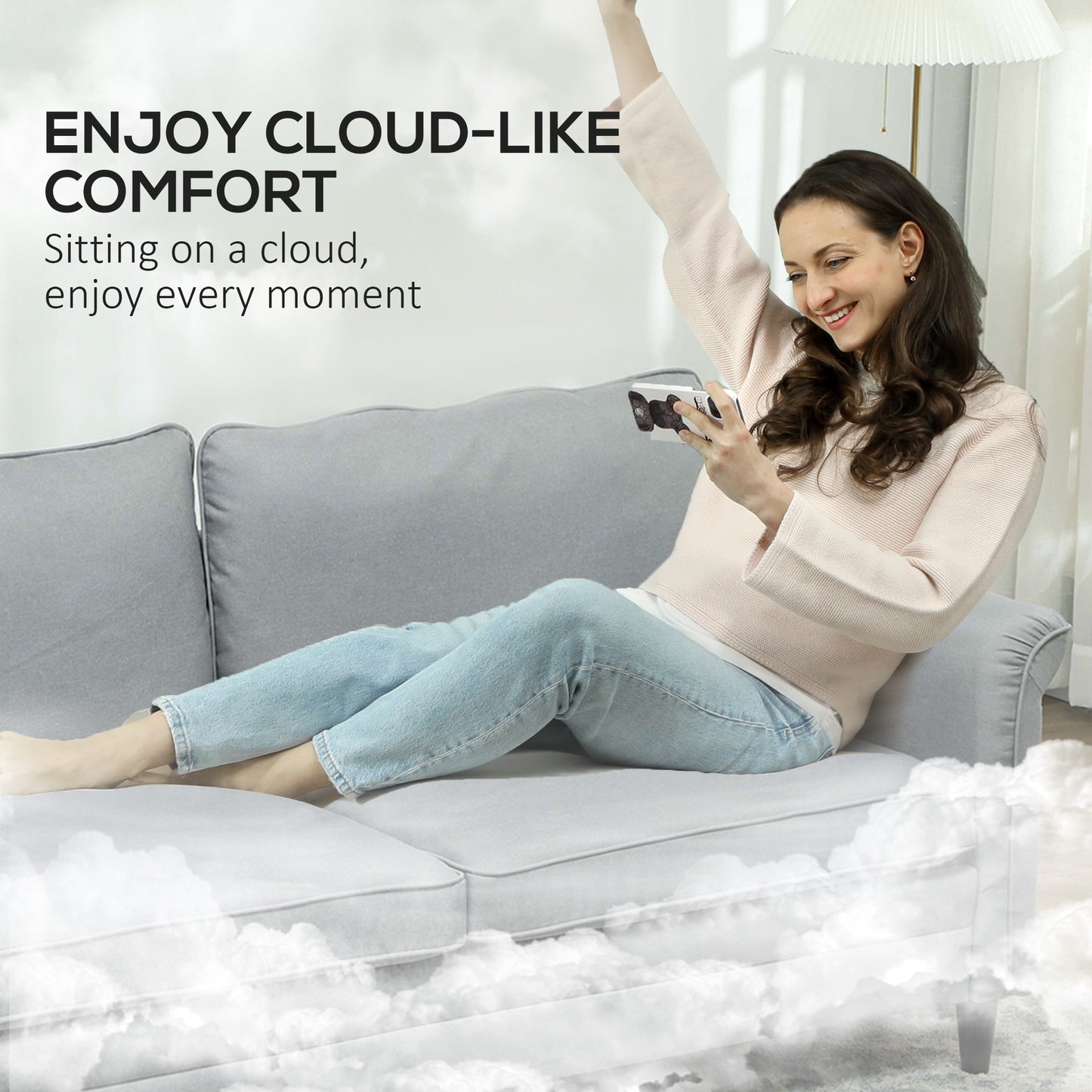 Modern 3 Seater Sofa for Living Room, Fabric Couch Settee, Grey