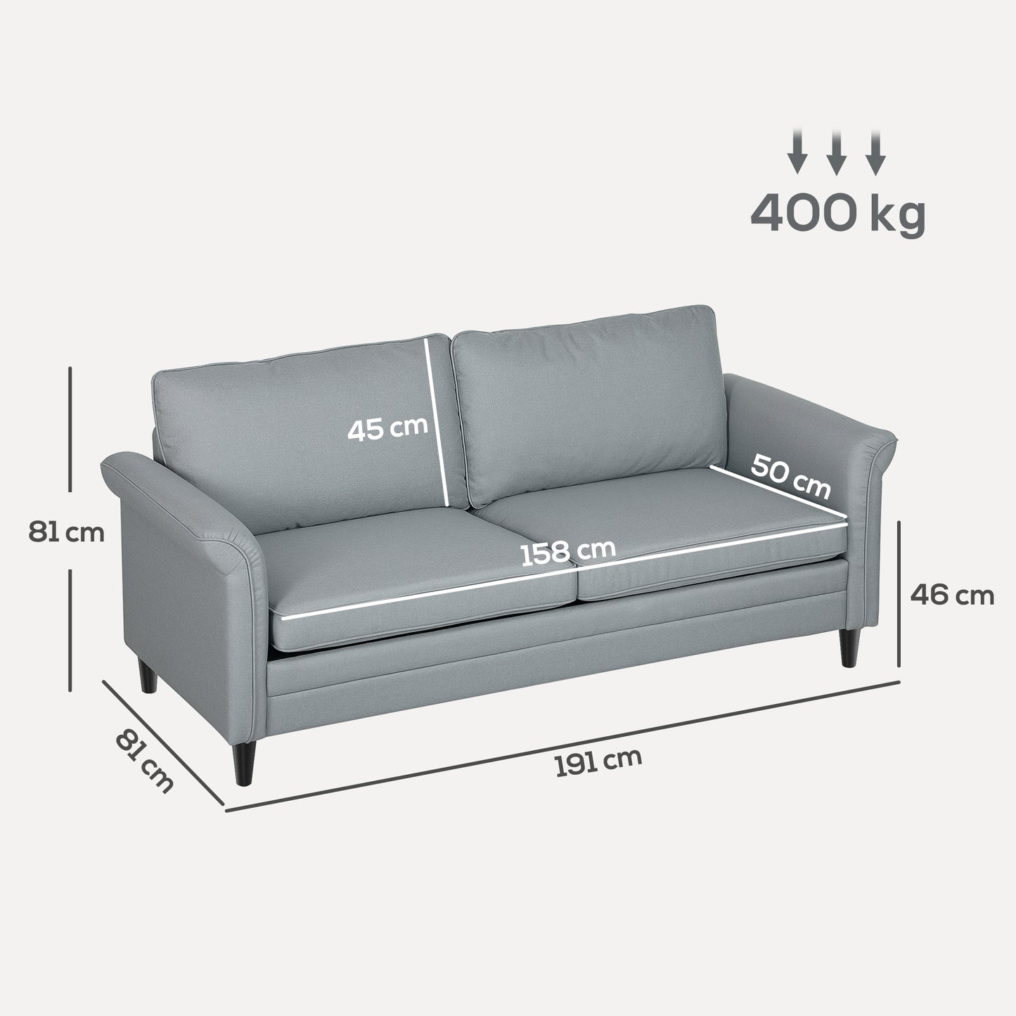 Modern 3 Seater Sofa for Living Room, Fabric Couch Settee, Grey