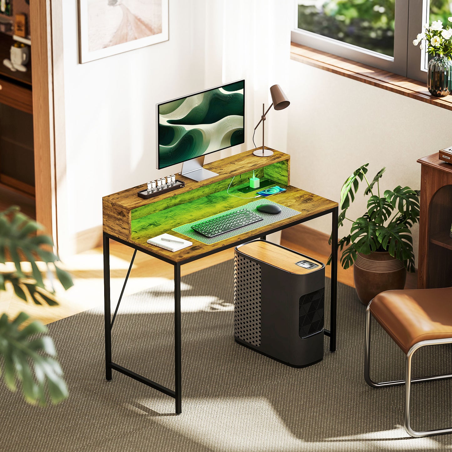 Computer Desk with LED Lights, Study Table with Shelf, Rustic Brown