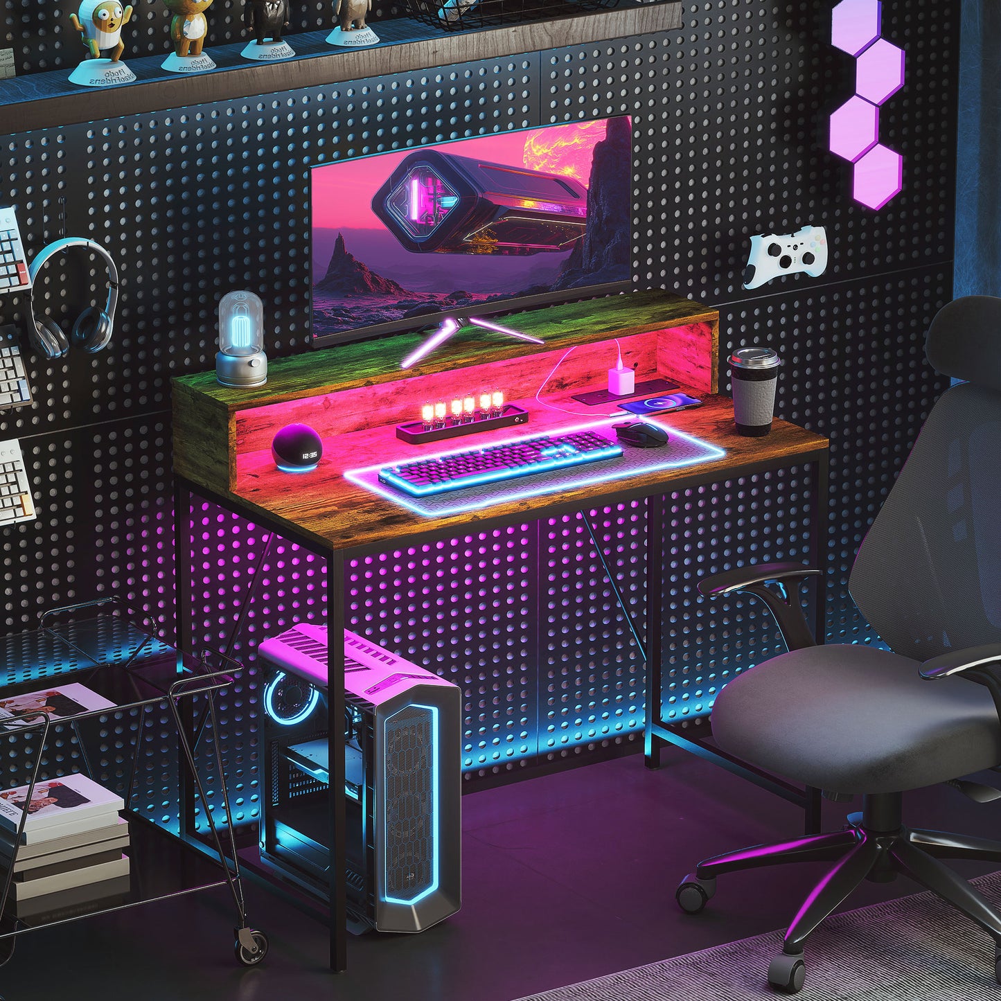 Computer Desk with LED Lights, Study Table with Shelf, Rustic Brown