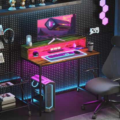 Computer Desk with LED Lights, Study Table with Shelf, Rustic Brown