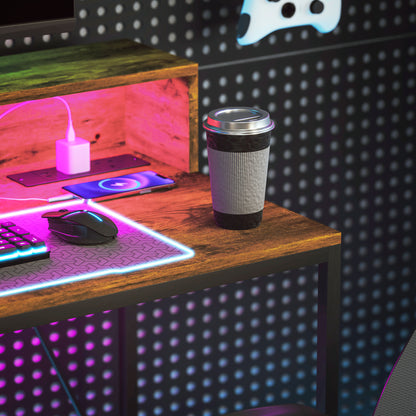 Computer Desk with LED Lights, Study Table with Shelf, Rustic Brown