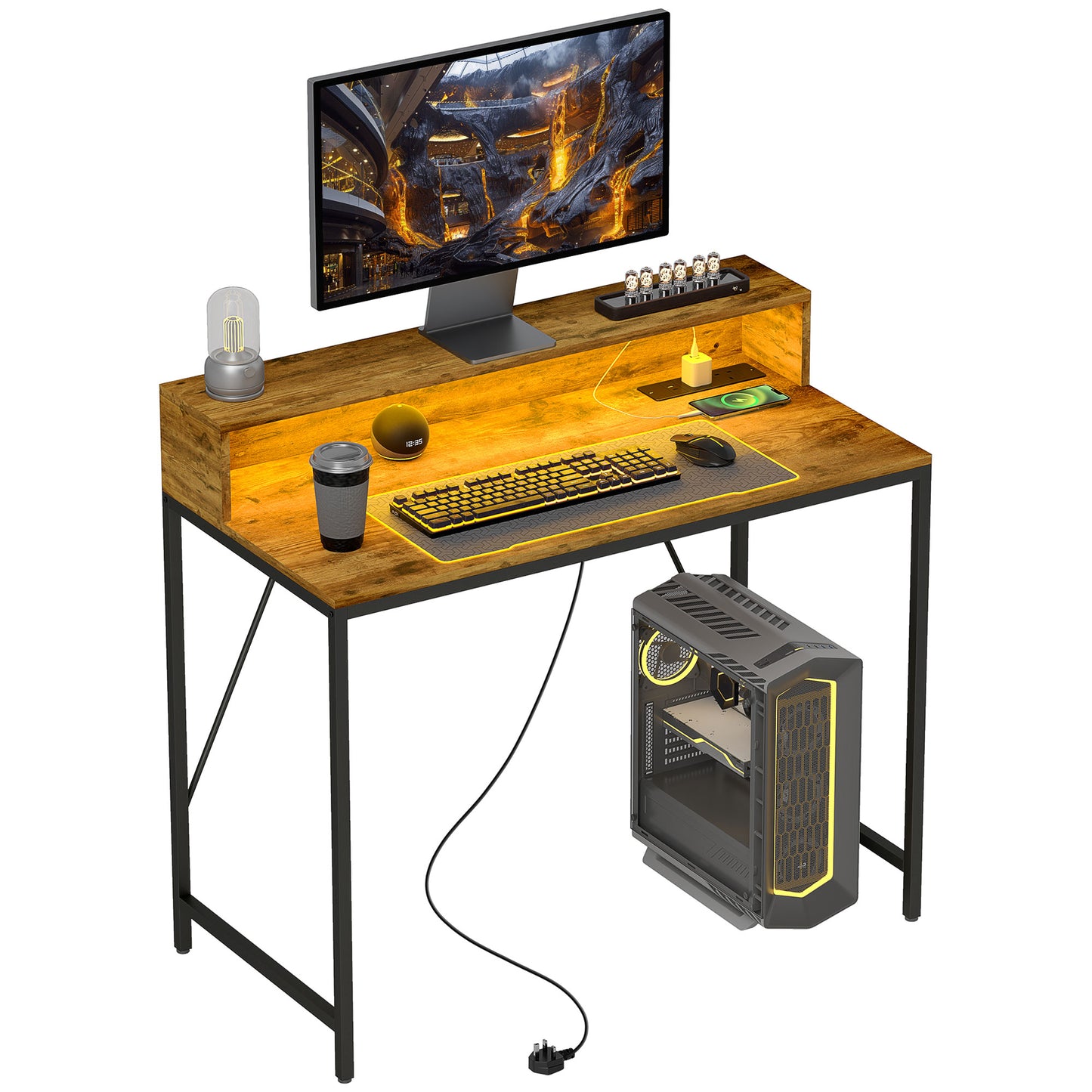 Computer Desk with LED Lights, Study Table with Shelf, Rustic Brown