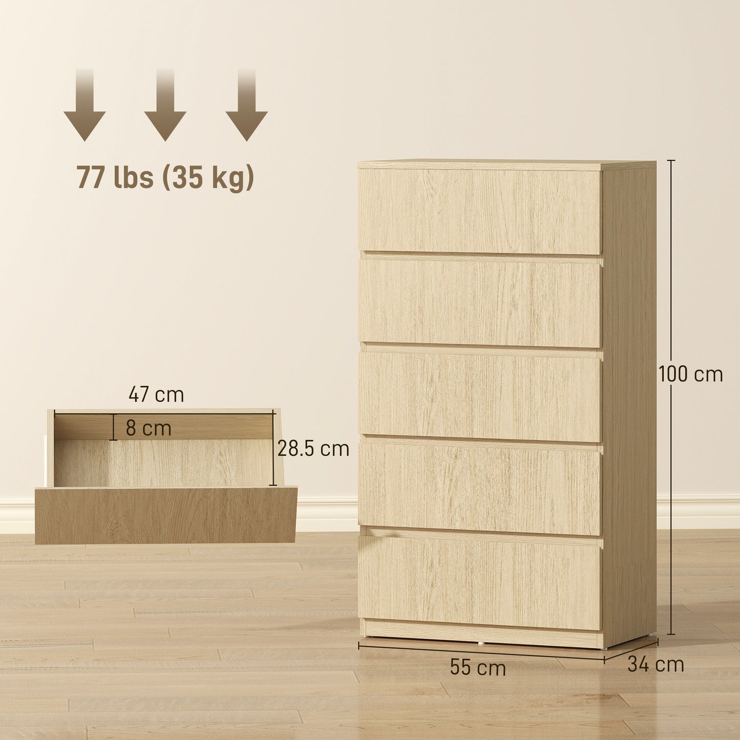 Bedroom Chest of Drawers, 5 Drawers Dresser, Drawer Unit, Natural